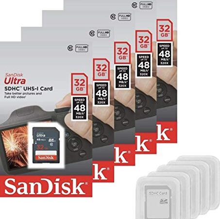 Bundle 5 retail packages of SanDisk Ultra 32GB SD SDHC UHS-I 48MB/s Class 10 SDSDUNB-032G with jelly minicase