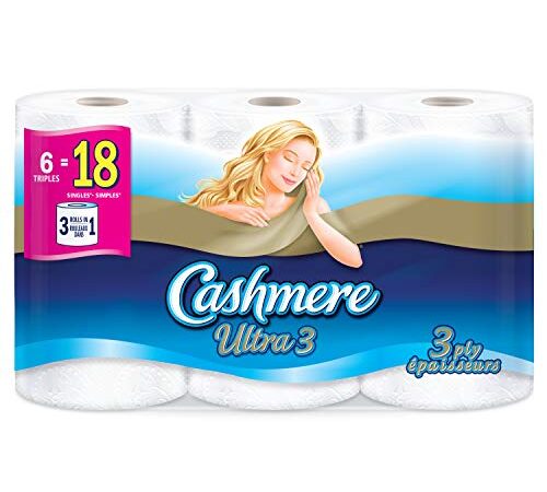 Cashmere Ultra 3 ply Soft & Thick Toilet Paper, Hypoallergenic and Septic Safe, 6 Triple Rolls = 18 Single Rolls