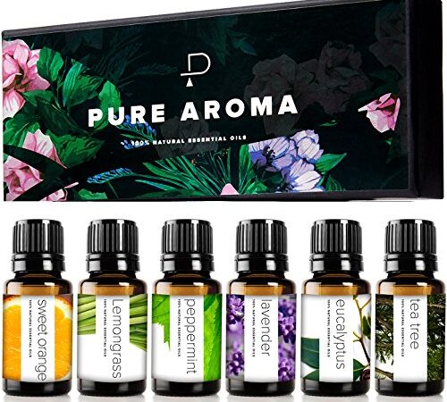 Essential oils by PURE AROMA 100% Pure Therapeutic Grade Oils kit- Top 6 Aromatherapy Oils Gift Set-6 Pack, 10ML(Eucalyptus, Lavender, Lemon grass, Orange, Peppermint, Tea Tree)