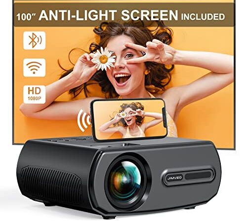 Jimveo Projector, 5G WiFi Bluetooth Projector with Screen, Native 1080P 9000L Mini Portable Video Projector Support 4K, Home/Outdoor Movie Projector for Phone/PC/TV Stick/Switch(100“ Screen Included)