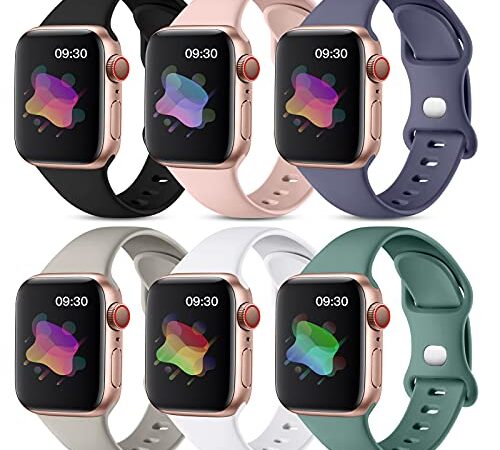 Maledan Compatible with Apple Watch Band 38mm 40mm 41mm Women Men, Soft Silicone Sport Strap Bands for iWatch Series 7 6 5 4 3 2 1 SE, 6 Pack Black/ Blue Gray/ Gray/ Pink/ Pine Green/ White