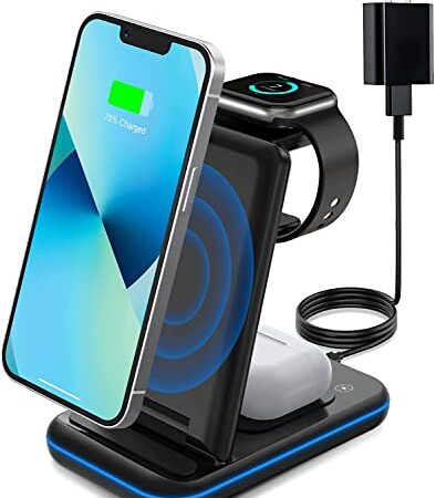 PriJen Wireless Charger, Qi-Certified 3 in 1 Charger for iPhone 13Pro Max/12Pro Max/11Pro Max/XS Max/XR/XS/X, iWatch 7/6/SE/5/4/3/2, AirPods Pro/2/1 (Black)