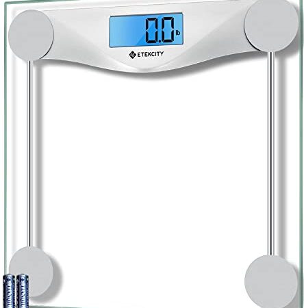 Etekcity Digital Bathroom Body Weight Scale, High Precision Smart Step-on Technology, Tempered Glass, Backlit Display, 2*1.5V AAA Batteries, 400 lb/180 kg, Silver (EB4074C)