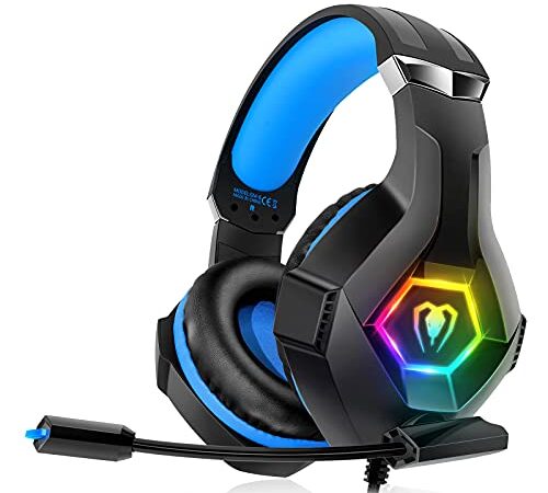 Gaming Headset for PS4 Xbox One PC, Over Ear Gaming Headphones with Noise Cancelling Microphone Volume Control RGB LED Light, for PC Laptop Mac Tablet Smart Phone