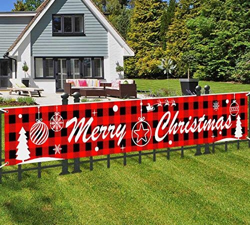 Large Merry Christmas Banner Outdoor Red Grid Christmas Banner Indoor Hanging Decor Christmas Holidays Party Decor Yard Supplies (19.7 inch x 10 Feet)