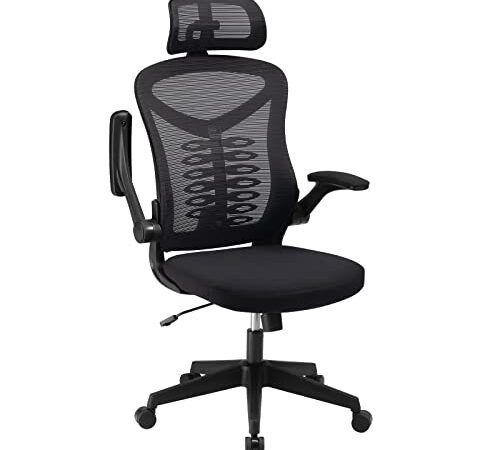 Office Chair, Magic Life Adjustable Desk Chair Flip-up Armrest, Rebound Seat Cushion, Breathable Mesh High Back, Comfortable Lumbar Support, Movable Headrest 360° Rotation, Black