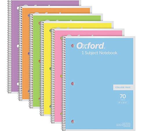 Oxford Spiral Notebook 6 Pack, 1 Subject, College Ruled Paper, 8 x 10-1/2 Inch, Pastel Pink, Orange, Yellow, Green, Blue and Purple, 70 Sheets (63756)