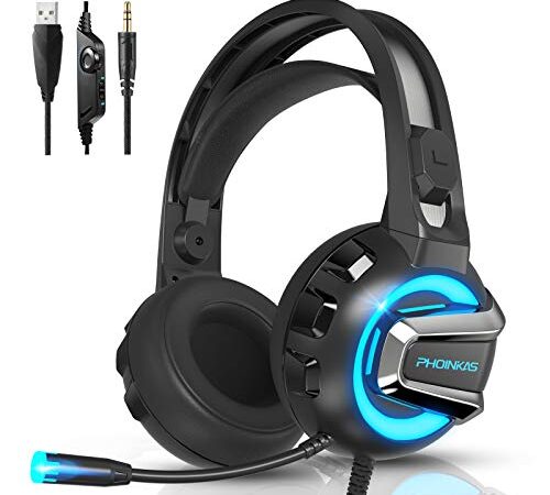 PC Gaming Headset for Xbox One, PS4, PS5, Laptop, Switch, PHOINIKAS H4 Over Ear Headphone with Noise Cancelling Microphone, 7.1 Stereo Surround Sound, Wired Gaming Earphone with LED Light - Blue