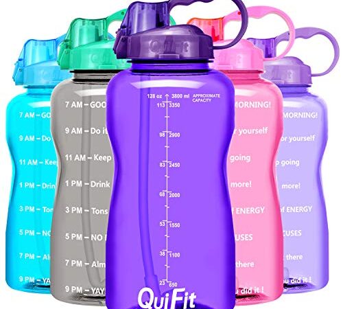 QuiFit Half Gallon Water Bottle - with Straw & Time Marker,BPA Free Reusable Large Leakproof Portable Water Jug,for Fitness Camping Outdoor Sports (Violet, 64oz)