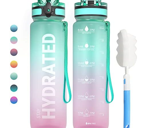 Sahara Sailor Water Bottle, 32oz Motivational Sports Water Bottle with Time Marker - Times to Drink - Tritan, BPA Free, Wide Mouth Leakproof, Fast Flow Technology with Clean Brush