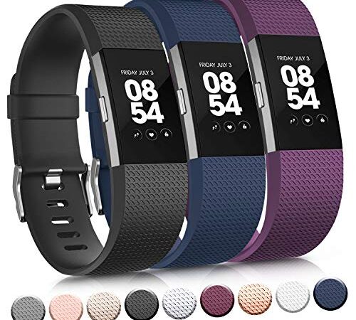 Vancle Replacement Bands Compatible for Fitbit Charge 2 Bands, Soft Silicone Accessory Strap for Fitbit Charge 2 Small Large, No Tracker (3PC(Black+Blue+Plum), Large)