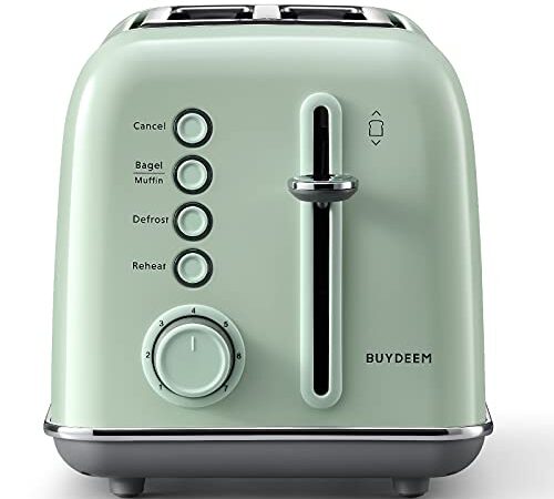 BUYDEEM DT620 2 Slice Toaster, Extra Wide Slots, Retro Stainless Steel with High Lift Lever, Bagel and Muffin Function, Removal Crumb Tray, 7-Shade Settings (Cozy Greenish, 2-Slice)