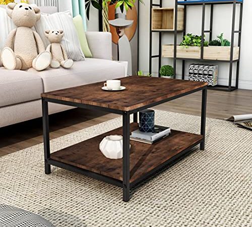 Coffee Table End Table Nightstand Industrial 2-Tier Tea Table with Storage Shelf Accent Furniture for Living Room, Rustic Brown