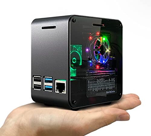 ElectroCookie Raspberry Pi 4 Case, Aluminum Mini Tower Case with Cooling Fan and Color Changing Ambient Light (Matte Black & Dark Gray)