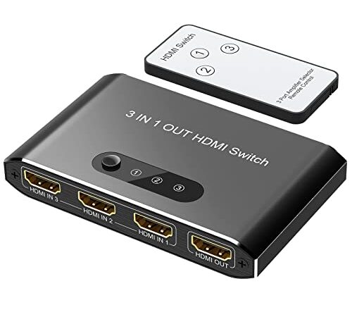 HDMI Switch 4k HDMI Splitter Aluminum HDMI Switch 3 in 1 Out, HDMI Switch with IR Remote Control, Supports 4k@30HZ 3D HD1080P, HDMI Switcher for PS4 Xbox Apple TV Fire Stick Blu-Ray Player