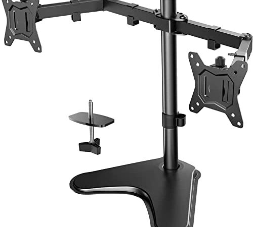 HUANUO Dual Monitor Stand, Free Standing Height Adjustable 2 Arm Monitor Mount for Two 13 to 32 Inch LCD Screens with Swivel and Tilt, 8kg per Arm