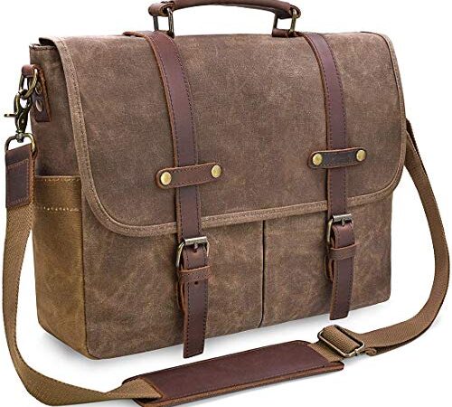 Laptop Messenger Bag for Men 15.6 Inch Waterproof Waxed Canvas Vintage Genuine Leather Briefcase, Brown