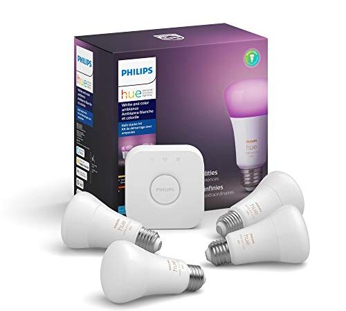 Philips Hue White & Colour Ambiance 9.5W (60W) A19 Base E26 LED Smart Bulb, Colour Changing, Bluetooth & Zigbee Compatible, Voice Activated with Alexa, Music Sync, Starter Kit 4-Set+Hue Bridge