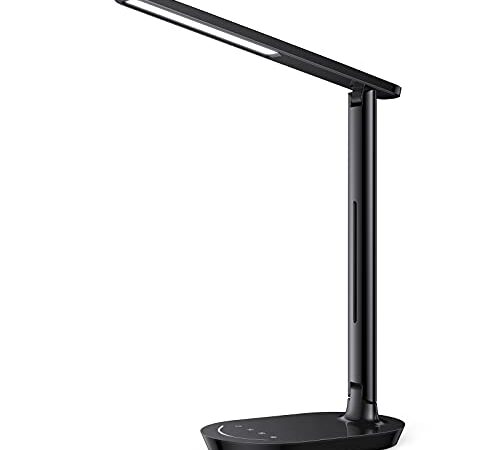 soysout LED Desk Lamp, Dimmable Table Lamp with 4 Color Temperatures, Eye-Caring Reading Lamp with USB Charging Port, Touch Control, Memory Function for Study Office Bedroom, Black