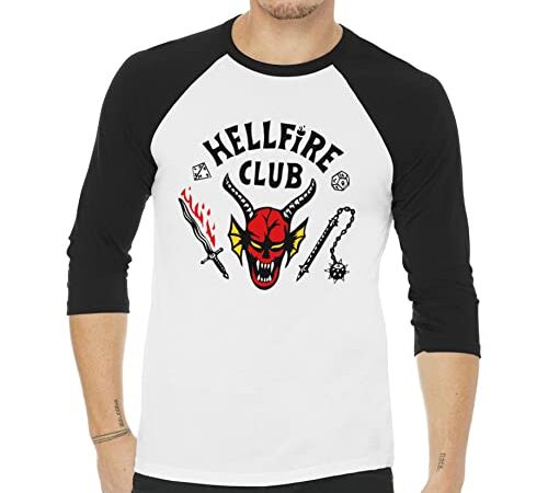 Stranger Things Men's Standard Hellfire Club Young 3/4 Sleeve Raglan Tee White/Black