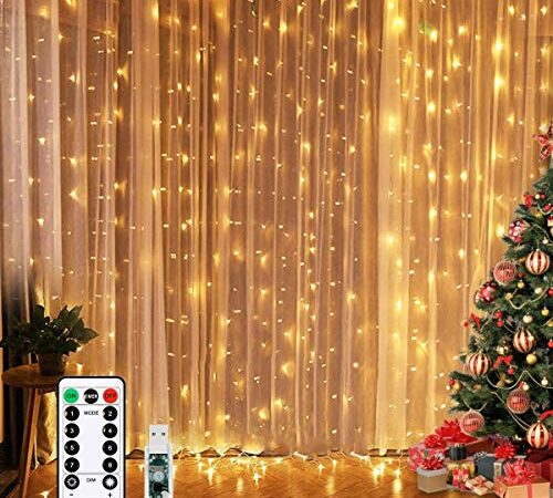 Unihoh Curtain Lights, Fairy Lights for Bedroom, 300 LEDs Warm White Twinkle Lights W/ 8 Modes USB Powered, Icicle String Lights W/ Remote & Timer for Indoor Xmas Party Patio Decoration(9.8 x 9.8 Ft)