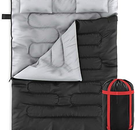 Zone Tech Double Camping Sleeping Bag with 2 Pillows – 3-4 Season Lightweight Waterproof Warm & Cool Weather Adult & Kids Sleeping Bag Converts into 2 Single -Camping, Hiking, Backpacking & Outdoors