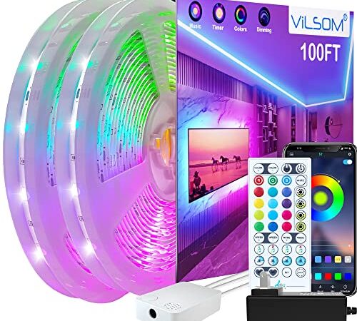 100ft LED Strip Lights, ViLSOM Ultra Long Music Sync Timing LED Lights for Bedroom, Kitchen, Bar, Ceiling, Dorm Room Decor with APP and Remote Control, RGB Color Changing LED Light Strips