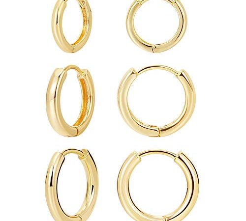 3 Pairs 14K Gold Plated Huggie Hoop Earrings for Women, Minimalist Gold Huggie Hoop Earrings, Simple 3 sizes Hoop Earrings for Women Men gift,gold silver rose gold and black, Copper, Agate