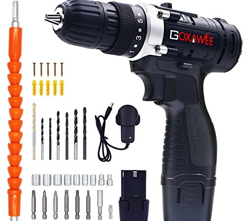 Cordless Drill with 2 Batteries - GOXAWEE Power Drill Set 100pcs (High Torque, 2-Speed, 10mm Automatic Chuck), Electric Screw Driver for Home Improvement & DIY Project…