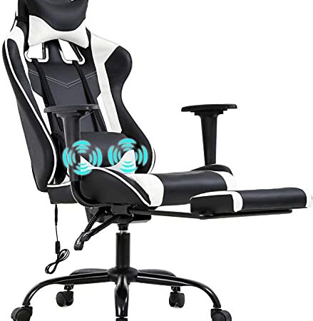 Gaming Chair Racing Office Chair Ergonomic Desk Chair Massage PU Leather Recliner PC Computer Chair with Lumbar Support Headrest Armrest Footrest Rolling Swivel Task Chair for Women Adults (White)