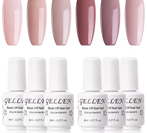 Gellen Gel Nail Polish Kit - 6 Colors Classic Nudes Series Natural Skin Tone, Trendy Pigmented Daily Nail Gel Shades Nail Art DIY Home Gel Manicure Set