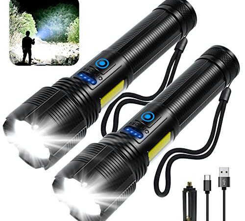 LED Rechargeable Flashlights, 10000 Lumens Bright Flashlight with COB Work Light, USB Rechargeable, Zoomable, Waterproof, 6 Modes Powerful Handheld Flashlight for Emergency Camping(2 Pack)