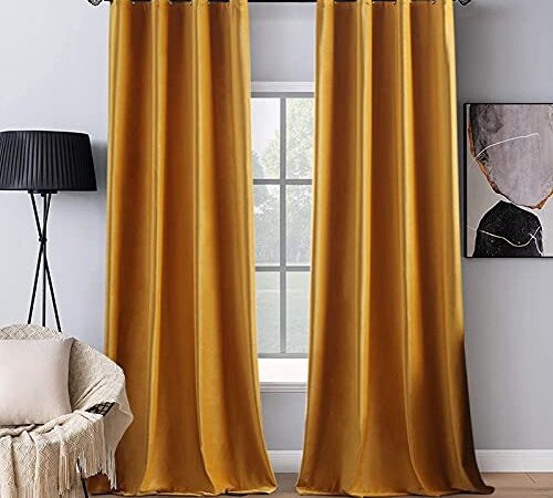 MIULEE 2 Panels Blackout Velvet Curtains Solid Soft Grommet Mustard Yellow Curtains Thermal Insulated Soundproof Room Darkening Curtains / Drapes / Panels for Living Room Bedroom 52 x 90 Inch