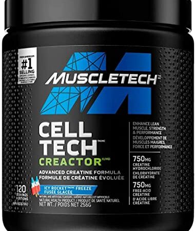 Muscletech Creatine Powder, Cell-Tech Creactor Creatine HCl, Post Workout Muscle Builder for Men and Women, Creatine HCl plus Free-Acid Creatine, Creatine Supplements, Icy Rocket Freeze (120 Servings), 256 g (Pack of 1)