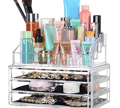 SortWise ® [DIY Buildable - L] Detachable 3 Drawers Acrylic Cosmetic Makeup Cosmetics Organizer Clear Storage Container Box Case Multipurpose / 9.4" X 7.5", 2 Pieces Set