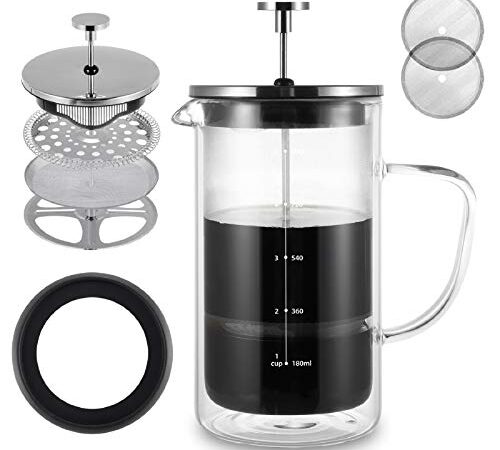 VEVOK CHEF French Press Coffee Maker Glass Coffee Press 34 Ounce Tea Maker Double Wall Insulate Heat Resistant Glass Tea Coffee Press with 2 Extra Screens with Glass Handle Non-slip Silicone Base