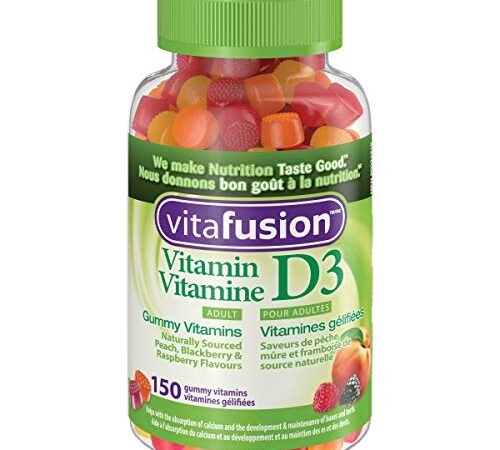 Vitafusion D3 Gummy Vitamins for Adults, Naturally Sourced Peach, Blackberry and Raspberry Flavours, 150 Count