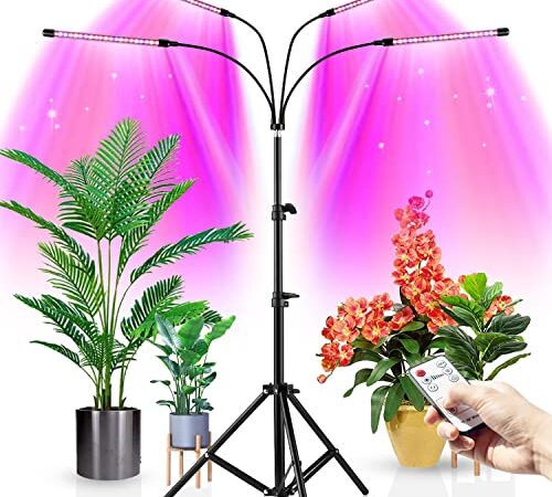 Wolezek Upgraded 4-Head LED Grow Light with Tripod Stand for Indoor Plants, 80 LED Full Spectrum Floor Grow Lamp with Dual Controllers, 4/8/12H Timer (Tripod Adjustable 15-48 inch)