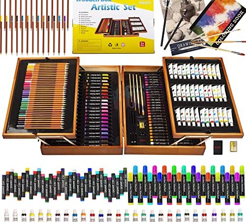 Art Supplies, KINSPORY 174-Pack Deluxe Wooden Art Set Crafts Drawing Painting Coloring Kit with 1 Coloring Book, 1 Sketch Pads Creative Gift Box for Adults Artist Beginners Kids Girls Boys