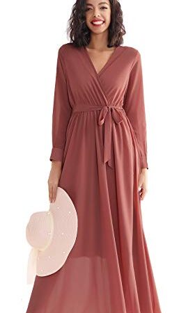 Double Chic Women's Casual Maxi Dress Deep V Neck Wrap Long Sleeve Swing Chiffon Dress with Pockets Rosered