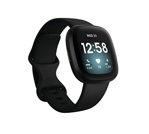 Fitbit Versa 3 Health & Fitness Smartwatch with GPS, 24/7 Heart Rate, Alexa Built-in, 6+ Days Battery, Black/Black Aluminum, One Size (S & L Bands Included)