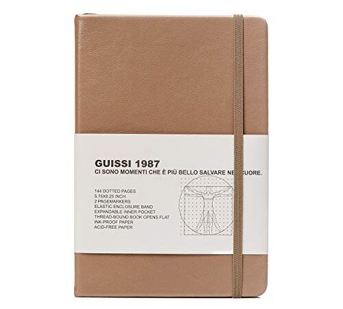 Guissi Classic Dotted Grid Bullet Notebook Journal Dot Hard Cover A5 Premium 100gsm Thick Acid-Free Paper with Fine Inner Pocket Faux Leather Office School Supplies 144 Pages Designed in Florence