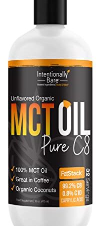 Intentionally Bare Pure C8 Organic MCT Oil - Keto, Paleo, Vegan - Coffee, Shakes, Salads – 100% MCT Oil – Unflavored - 16oz