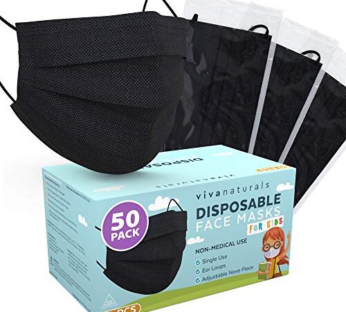 Kids Disposable Face Masks (50 Pack), Non-Medical Black Masks Made With with Comfortable Earloops & Adjustable Metal Nose Strip, Premium 4-Ply Kids Masks Disposable