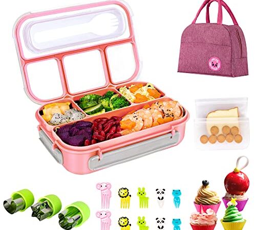 Kishilly Bento Lunch Box for Kids/Adult, Microwavable Kids Bento Box Lunch Containers With Lunch Bag Mini Cookie Cutters Fruit Picks Silicone Cup Reusable Storage Bags for School,Work and Picnic (Pink)