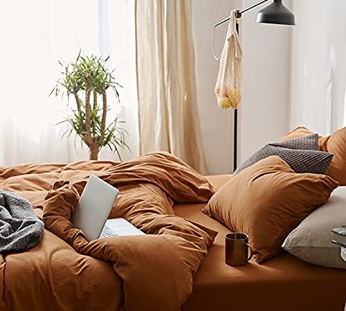 Omelas Caramel Pumpkin Duvet Cover Queen Size Burnt Orange Rust Modern Minimalist Style Solid Color Bedding Sets 3 Pieces Soft Lightweight Microfiber Comforter Cover with Zipper Closure for Women Men