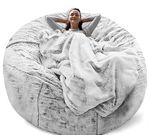 RAINBEAN Bean Bag Chair Cover(it was only a Cover, not a Full Bean Bag) Chair Cushion, Big Round Soft Fluffy PV Velvet Sofa Bed Cover, Living Room Furniture, Lazy Sofa Bed Cover,Snow Grey