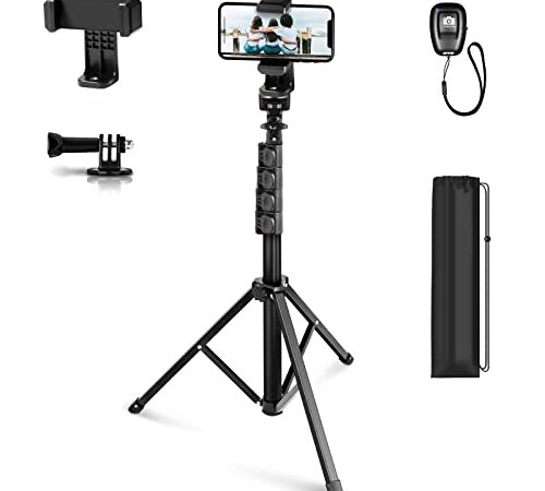 Apeocose 65"/1.65 Meter Phone Tripod for iPhone with Adapter for GoPro, Selfie Stick Tripod with Wireless Remote Shutter, 360 Degree Rotating Cell Phone Mount for Family Photo/Video Recording/Vlogging