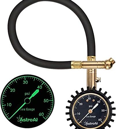 AstroAI Heavy Duty Tire Pressure Gauge 60 PSI with Large 2" Easy Read Glow Dial, Durable Rubber Hose and Solid Brass Construction, Professional Mechanical Tire Gauge for Motorcycles, Cars, Bicycle