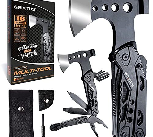 Camping Multitool Accessories Gifts for Men Dad 16 in 1 Upgraded Multi Tool Survival Gear with Axe Hammer Pliers Saw Screwdrivers Bottle Opener Whistle & Portable Sheath for Hiking,Fishing